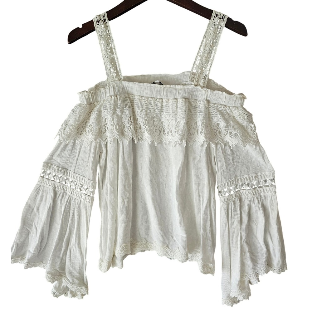 LUMIE White Cotton Cold Shoulder Crochet Lace Bell‎ Sleeve Top Small Boho Chic